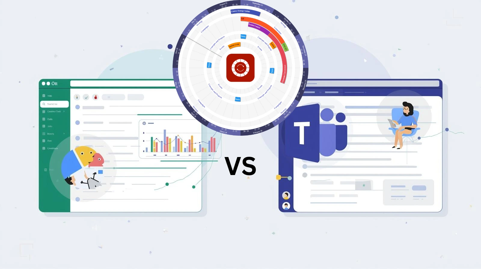 Illustration af et årshjul i midten med Excel på venstre side og Microsoft Teams på højre side. Teksten ‘VS’ viser sammenligning mellem at bruge Excel og Teams til årshjul.