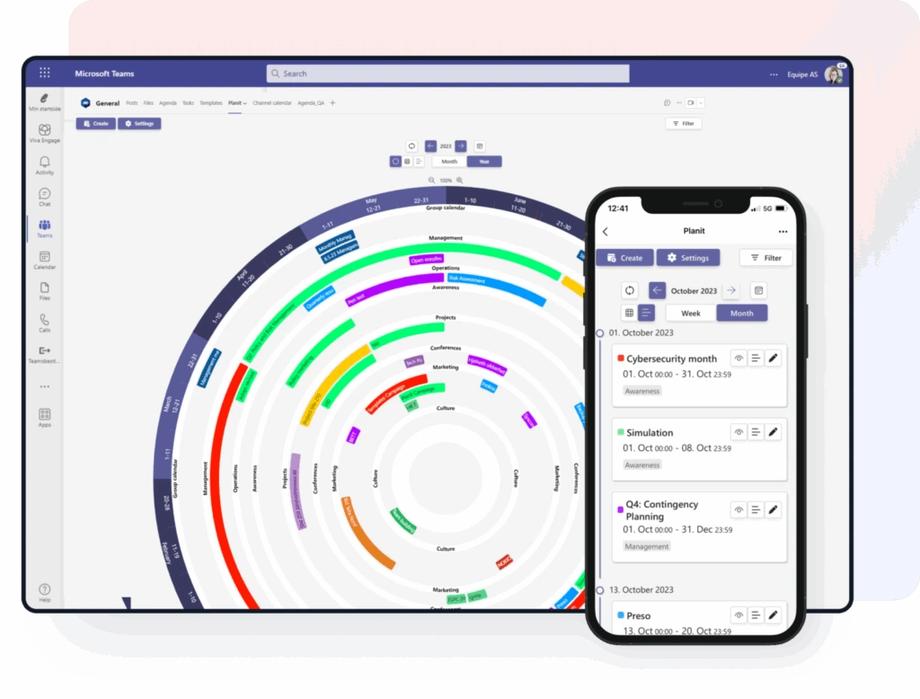 PlanIt er en farvekodet, visuel kalender og aktivitetsplanlægning integreret i Microsoft Teams, vist på desktop og mobil.